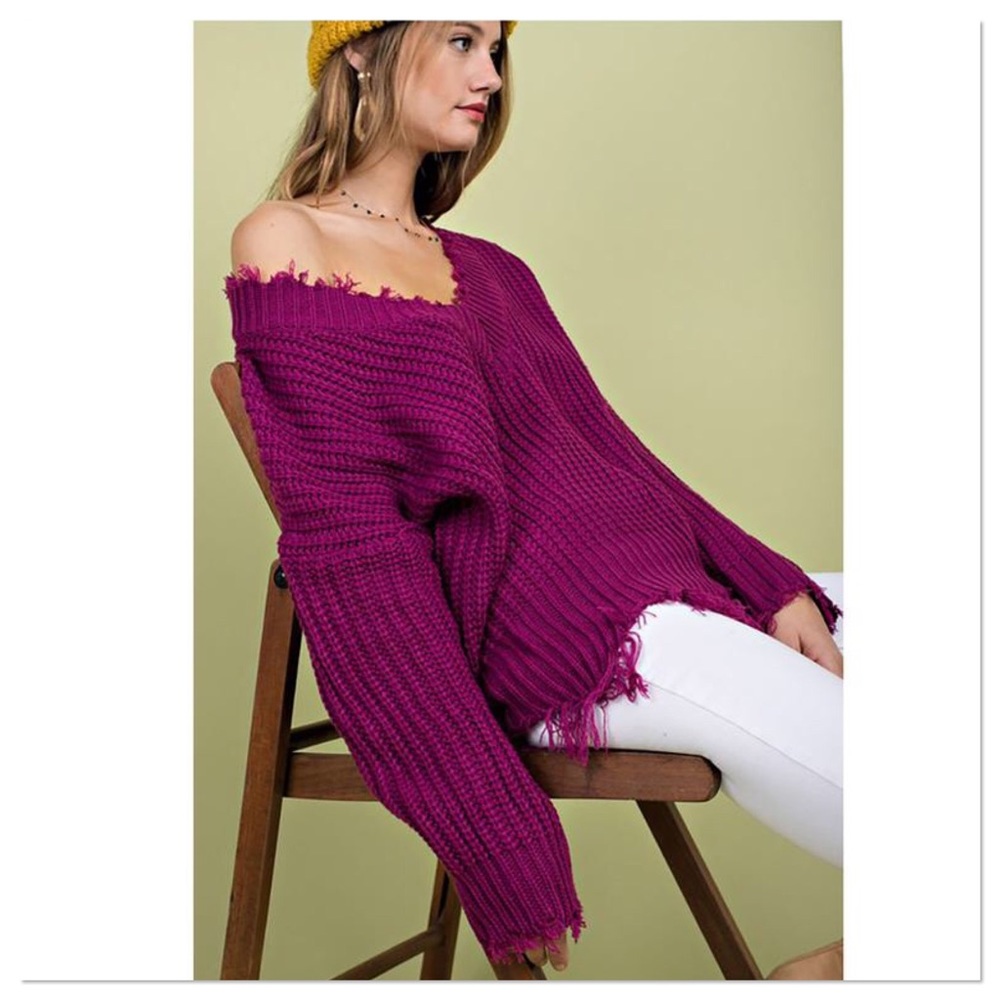 Magenta Frayed V-Neck Distressed Sweater - Picture 7 of 7